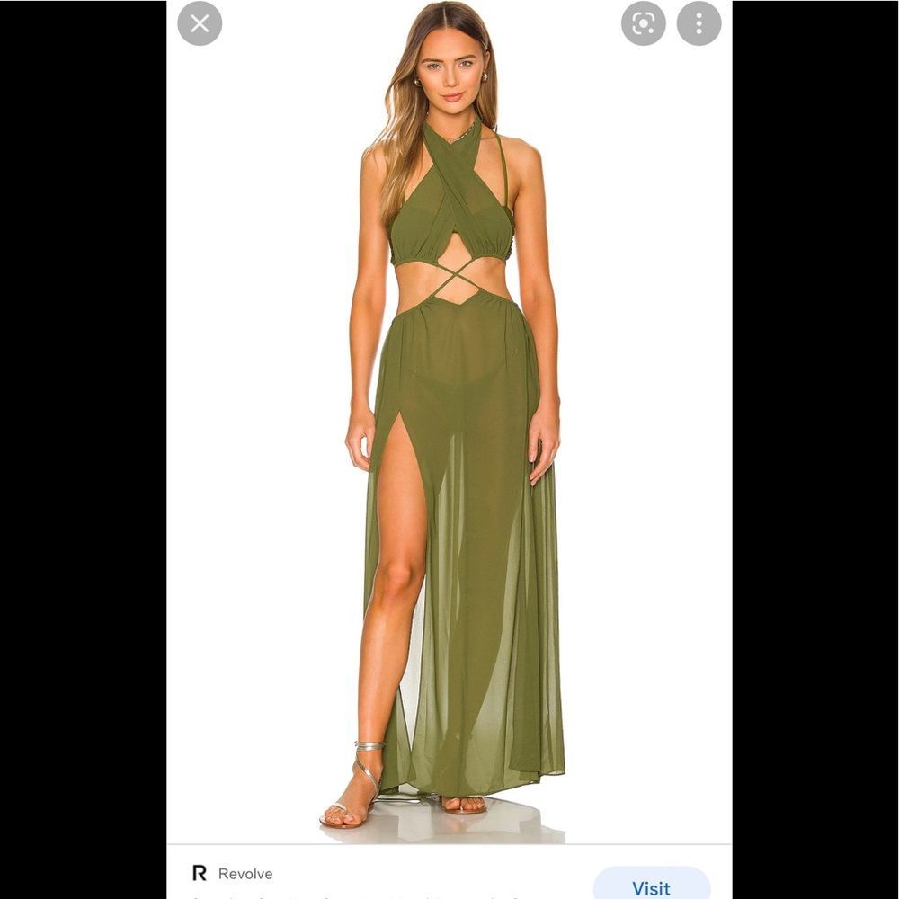 Camila Coelho Olive Green Maxi Dress with Crisscross Cutouts